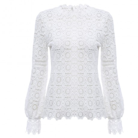 WOMEN'S LANTERN SLEEVE HOLLOW FLORAL PATTERN LACE BLOUSE (WHITE, SIZE S/M/L/XL)