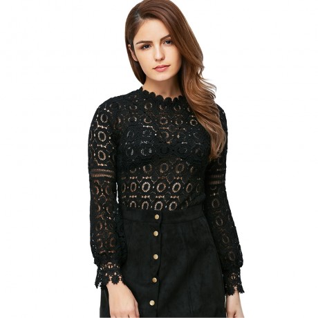 WOMEN'S LANTERN SLEEVE HOLLOW FLORAL PATTERN LACE BLOUSE (BLACK, SIZE S/M/L/XL)