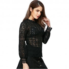 WOMEN'S LANTERN SLEEVE HOLLOW FLORAL PATTERN LACE BLOUSE (BLACK, SIZE S/M/L/XL)