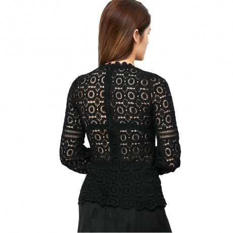 WOMEN'S LANTERN SLEEVE HOLLOW FLORAL PATTERN LACE BLOUSE (BLACK, SIZE S/M/L/XL)