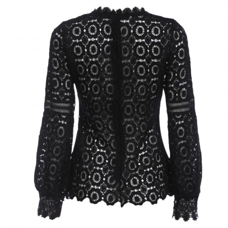 WOMEN'S LANTERN SLEEVE HOLLOW FLORAL PATTERN LACE BLOUSE (BLACK, SIZE S/M/L/XL)