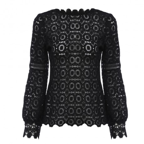 WOMEN'S LANTERN SLEEVE HOLLOW FLORAL PATTERN LACE BLOUSE (BLACK, SIZE S/M/L/XL)