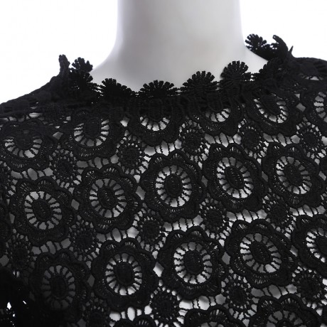 WOMEN'S LANTERN SLEEVE HOLLOW FLORAL PATTERN LACE BLOUSE (BLACK, SIZE S/M/L/XL)