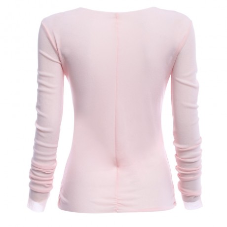 WOMEN SEXY TRANSPARENT LONG SLEEVE T-SHIRT SHEATH PURE COLOR MITTEN DESIGN (PINK, SIZE S/M