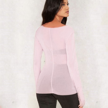 WOMEN SEXY TRANSPARENT LONG SLEEVE T-SHIRT SHEATH PURE COLOR MITTEN DESIGN (PINK, SIZE S/M