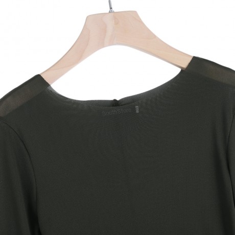 WOMEN SEXY TRANSPARENT LONG SLEEVE T-SHIRT SHEATH PURE COLOR MITTEN DESIGN (ARMY GREEN, SI