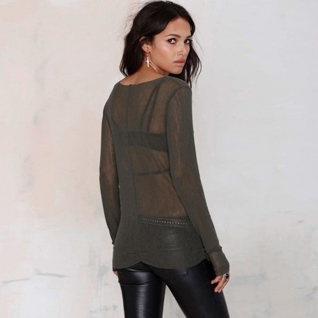 WOMEN SEXY TRANSPARENT LONG SLEEVE T-SHIRT SHEATH PURE COLOR MITTEN DESIGN (ARMY GREEN, SI