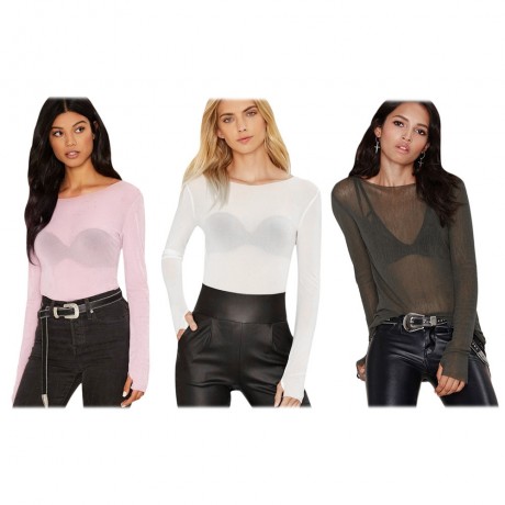 WOMEN SEXY TRANSPARENT LONG SLEEVE T-SHIRT SHEATH PURE COLOR MITTEN DESIGN (ARMY GREEN, SI
