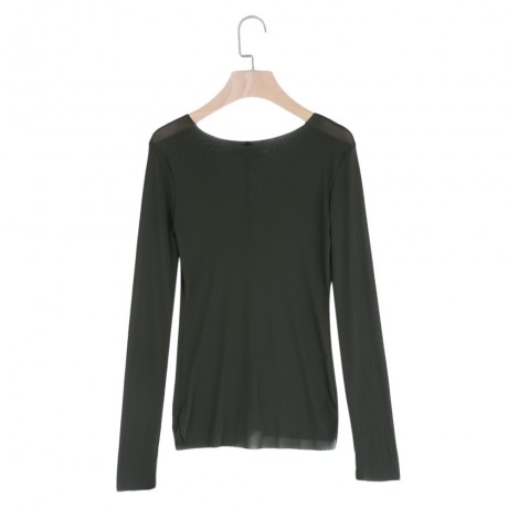 WOMEN SEXY TRANSPARENT LONG SLEEVE T-SHIRT SHEATH PURE COLOR MITTEN DESIGN (ARMY GREEN, SI