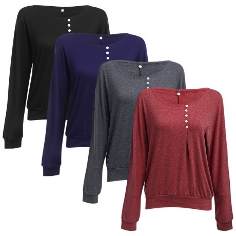 WOMEN'S CASUAL LONG SLEEVE ROUND COLLAR BUTTON BLOUSE (BLACK, SIZE M/L/XL/2XL/3XL/4XL)