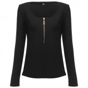 WOMEN'S STYLISH LONG SLEEVE SCOOP NECK ZIPPER BLOUSE (BLACK, SIZE S/M/L/XL)