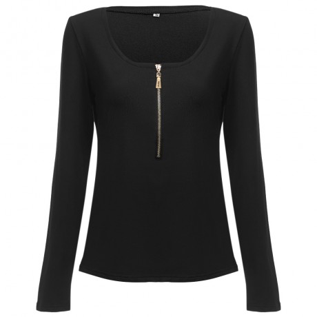 WOMEN'S STYLISH LONG SLEEVE SCOOP NECK ZIPPER BLOUSE (BLACK, SIZE S/M/L/XL)