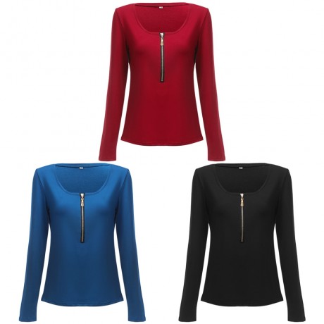 WOMEN'S STYLISH LONG SLEEVE SCOOP NECK ZIPPER BLOUSE (BLACK, SIZE S/M/L/XL)