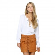 WOMEN LONG SLEEVE PLUNGING NECK CRISS CROSS BANDAGE BLOUSE (WHITE, SIZE S/M/L/XL)