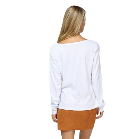 WOMEN LONG SLEEVE PLUNGING NECK CRISS CROSS BANDAGE BLOUSE (WHITE, SIZE S/M/L/XL)