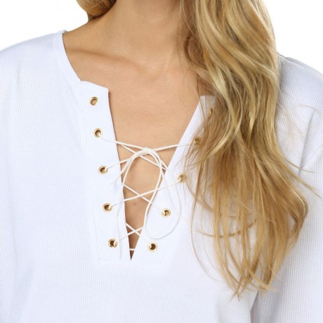 WOMEN LONG SLEEVE PLUNGING NECK CRISS CROSS BANDAGE BLOUSE (WHITE, SIZE S/M/L/XL)