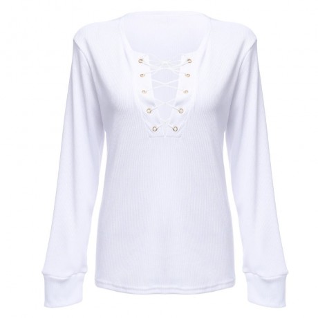 WOMEN LONG SLEEVE PLUNGING NECK CRISS CROSS BANDAGE BLOUSE (WHITE, SIZE S/M/L/XL)