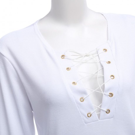 WOMEN LONG SLEEVE PLUNGING NECK CRISS CROSS BANDAGE BLOUSE (WHITE, SIZE S/M/L/XL)