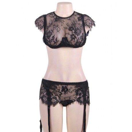 PLUS SIZE BLACK LACE HALTER BRA SET (SIZE XL/3XL)