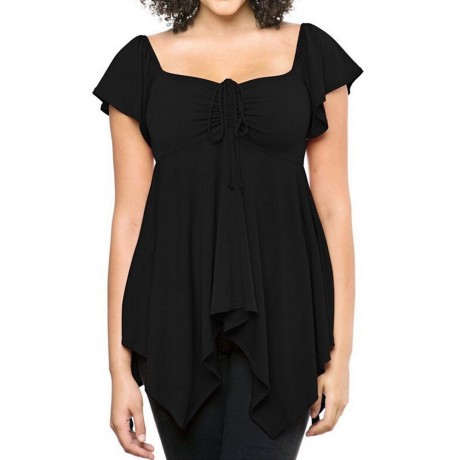 WOMEN'S SHORT SLEEVE PLEATED LACE-UP T-SHIRT (BLACK, SIZE S/M/L/XL)