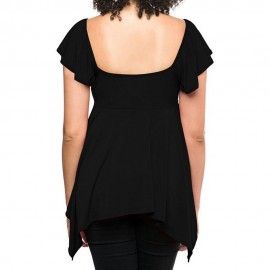 WOMEN'S SHORT SLEEVE PLEATED LACE-UP T-SHIRT (BLACK, SIZE S/M/L/XL)