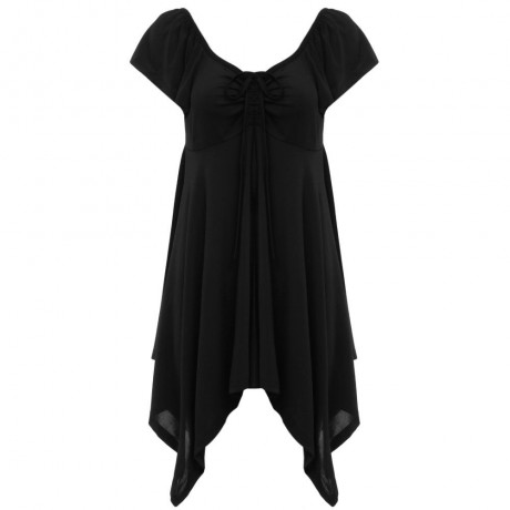 WOMEN'S SHORT SLEEVE PLEATED LACE-UP T-SHIRT (BLACK, SIZE S/M/L/XL)