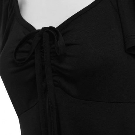 WOMEN'S SHORT SLEEVE PLEATED LACE-UP T-SHIRT (BLACK, SIZE S/M/L/XL)