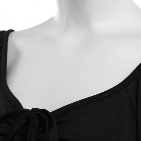 WOMEN'S SHORT SLEEVE PLEATED LACE-UP T-SHIRT (BLACK, SIZE S/M/L/XL)