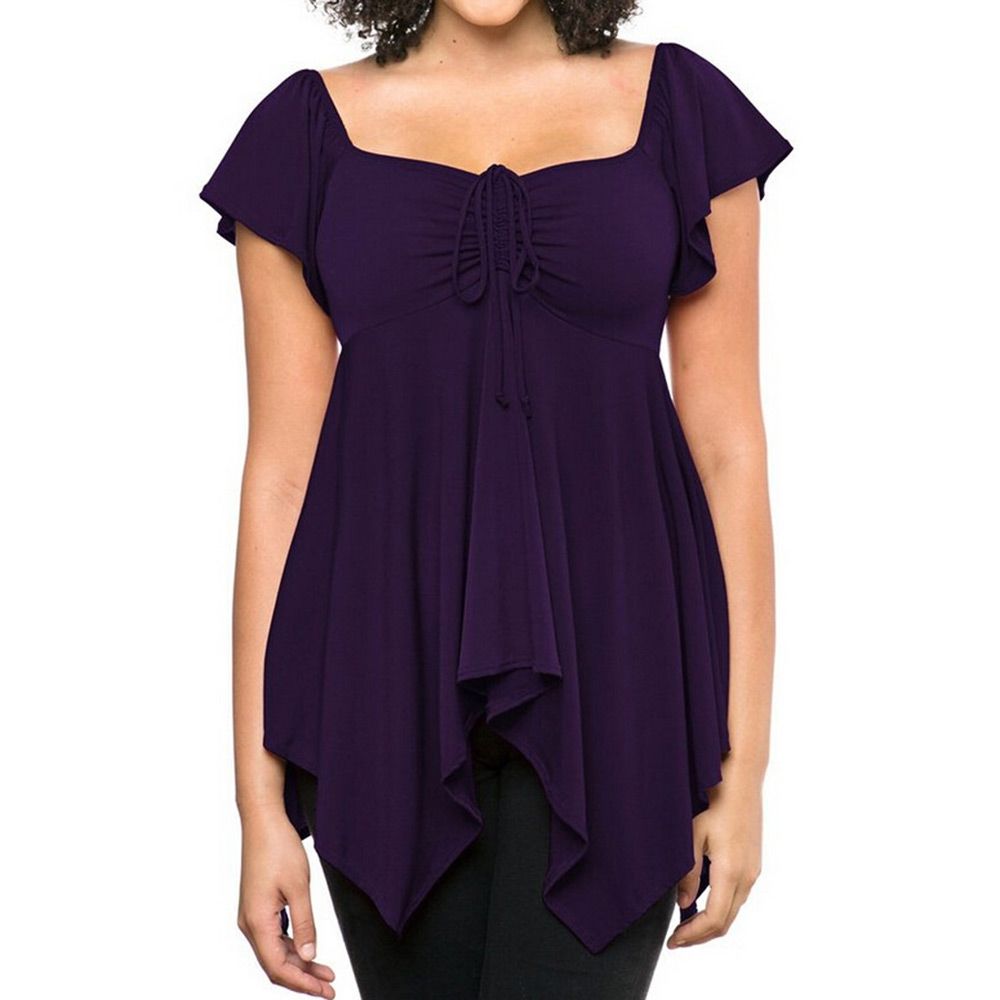 WOMEN'S SHORT SLEEVE PLEATED LACE-UP T-SHIRT (PURPLE, SIZE S/M/L/XL)