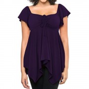 WOMEN'S SHORT SLEEVE PLEATED LACE-UP T-SHIRT (PURPLE, SIZE S/M/L/XL)