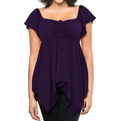 WOMEN'S SHORT SLEEVE PLEATED LACE-UP T-SHIRT (PURPLE, SIZE S/M/L/XL)