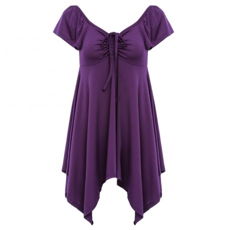 WOMEN'S SHORT SLEEVE PLEATED LACE-UP T-SHIRT (PURPLE, SIZE S/M/L/XL)