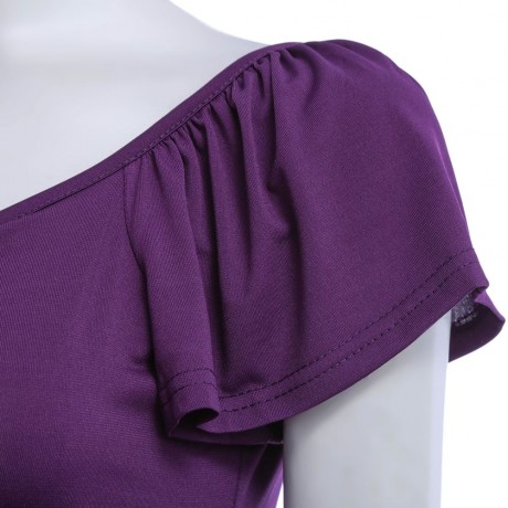 WOMEN'S SHORT SLEEVE PLEATED LACE-UP T-SHIRT (PURPLE, SIZE S/M/L/XL)