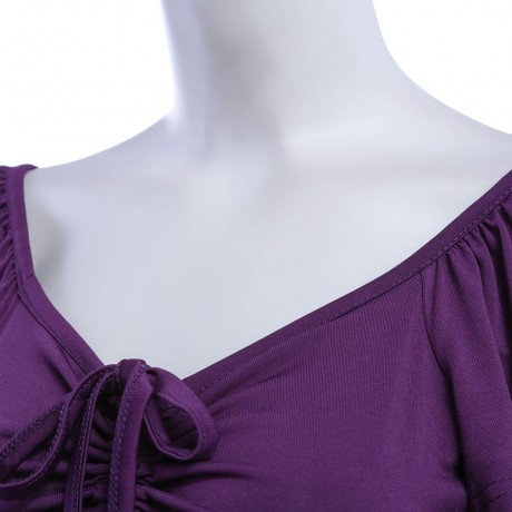 WOMEN'S SHORT SLEEVE PLEATED LACE-UP T-SHIRT (PURPLE, SIZE S/M/L/XL)