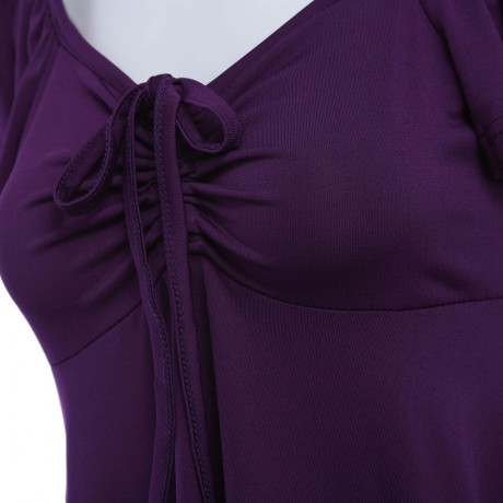 WOMEN'S SHORT SLEEVE PLEATED LACE-UP T-SHIRT (PURPLE, SIZE S/M/L/XL)