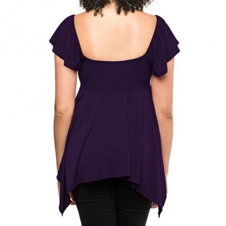 WOMEN'S SHORT SLEEVE PLEATED LACE-UP T-SHIRT (PURPLE, SIZE S/M/L/XL)
