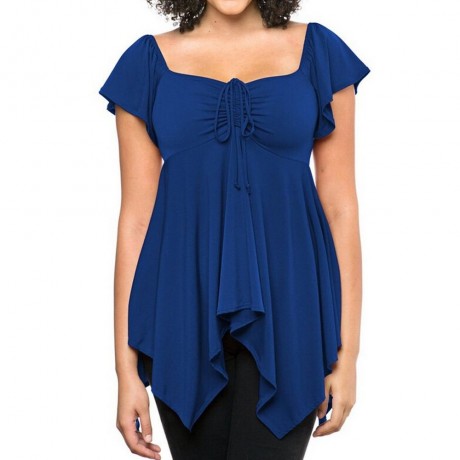 WOMEN'S SHORT SLEEVE PLEATED LACE-UP T-SHIRT (BLUE, SIZE S/M/L/XL)