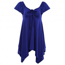 WOMEN'S SHORT SLEEVE PLEATED LACE-UP T-SHIRT (BLUE, SIZE S/M/L/XL)