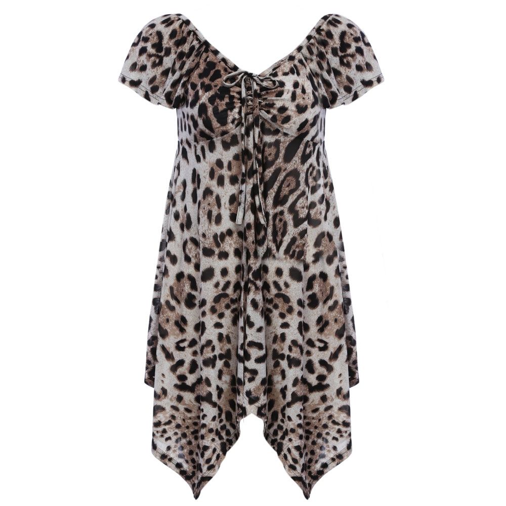 WOMEN'S SHORT SLEEVE PLEATED LACE-UP T-SHIRT (LEOPARD, SIZE S/M/L/XL)
