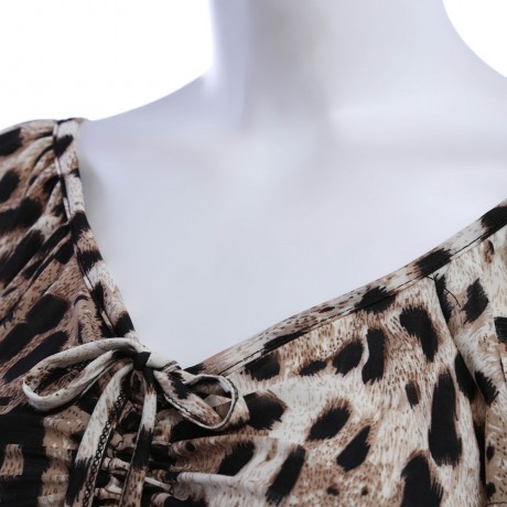 WOMEN'S SHORT SLEEVE PLEATED LACE-UP T-SHIRT (LEOPARD, SIZE S/M/L/XL)