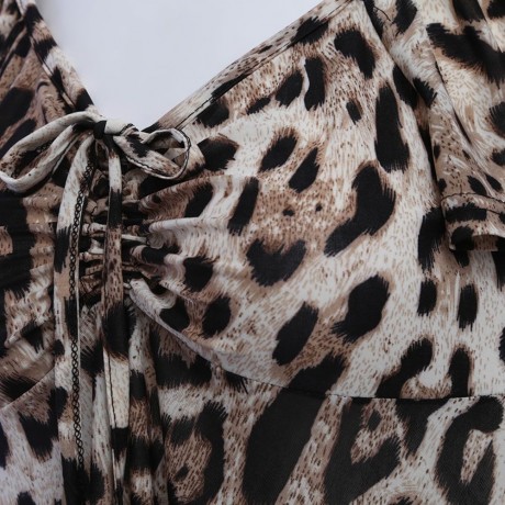 WOMEN'S SHORT SLEEVE PLEATED LACE-UP T-SHIRT (LEOPARD, SIZE S/M/L/XL)