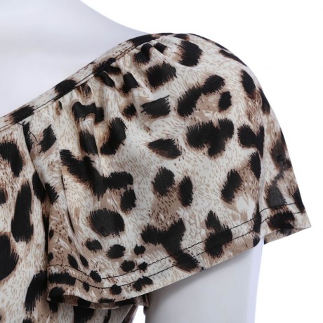WOMEN'S SHORT SLEEVE PLEATED LACE-UP T-SHIRT (LEOPARD, SIZE S/M/L/XL)