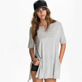 WOMEN'S CASUAL SHORT SLEEVE SIDE SLIT LOOSE SOLID COLOR T-SHIRT (GRAY, SIZE S/M/L/XL/2XL)