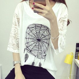 CASUAL SHORT SLEEVE LACE PATCHWORK HOLLOW OUT SPIDER WEB PRINT LOOSE T-SHIRT (WHITE, SIZE 