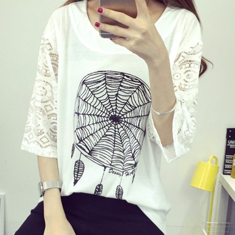 CASUAL SHORT SLEEVE LACE PATCHWORK HOLLOW OUT SPIDER WEB PRINT LOOSE T-SHIRT (WHITE, SIZE 