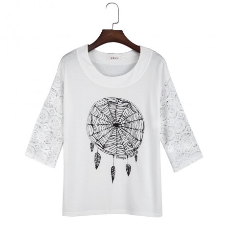 CASUAL SHORT SLEEVE LACE PATCHWORK HOLLOW OUT SPIDER WEB PRINT LOOSE T-SHIRT (WHITE, SIZE 