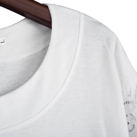 CASUAL SHORT SLEEVE LACE PATCHWORK HOLLOW OUT SPIDER WEB PRINT LOOSE T-SHIRT (WHITE, SIZE 
