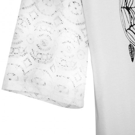 CASUAL SHORT SLEEVE LACE PATCHWORK HOLLOW OUT SPIDER WEB PRINT LOOSE T-SHIRT (WHITE, SIZE 