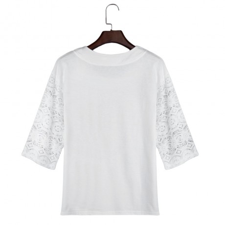 CASUAL SHORT SLEEVE LACE PATCHWORK HOLLOW OUT SPIDER WEB PRINT LOOSE T-SHIRT (WHITE, SIZE 