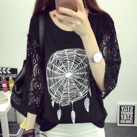 CASUAL SHORT SLEEVE LACE PATCHWORK HOLLOW OUT SPIDER WEB PRINT LOOSE T-SHIRT (BLACK, SIZE 